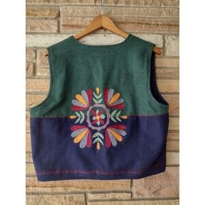 Vintage Short Y2k PASTA Wool Embroidered Vest Folk Art Boho India Made Size L